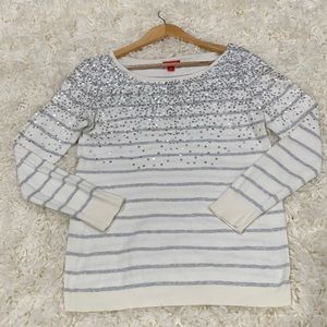 ELLE  GREY STRIPED LONG SLEEVE SWEATER WITH SILVER SEQUIN ACCENTS - SIZE M